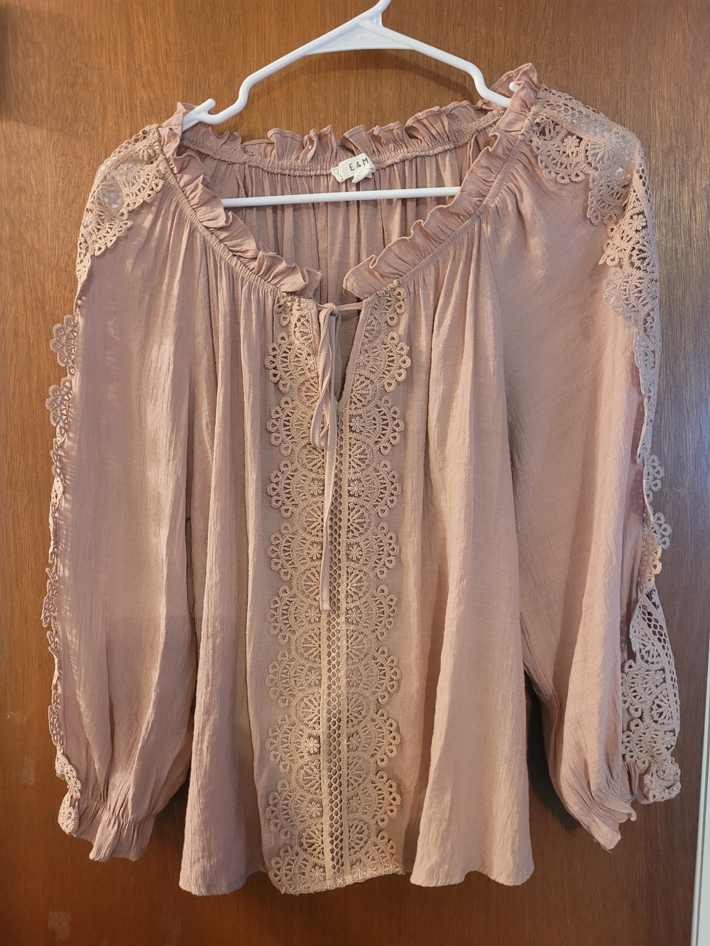 E&M Romantic Lace-Trim Peasant Blouse - Beige